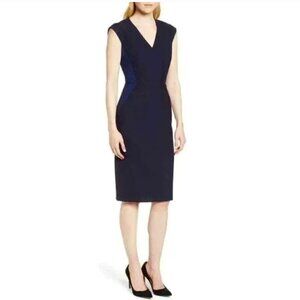 HUGO BOSS Dalana Navy Blue Sleeveless V-neck Sheath Career Dress Size 8 P